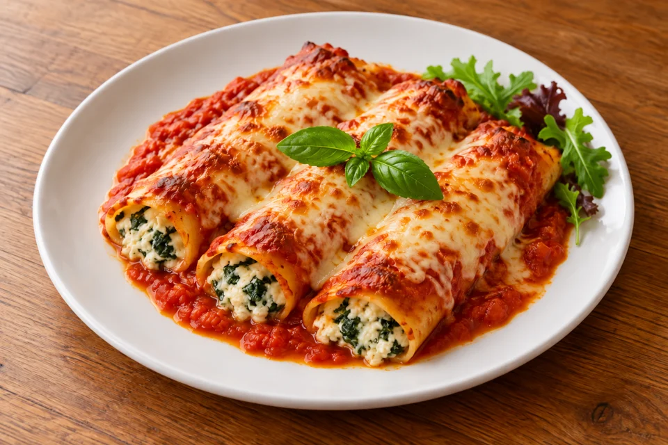 cannelloni med ricotta og spinat i tomatsauce