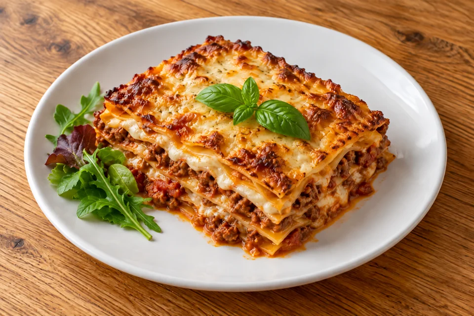 lasagne med kødsauce, bechamel og gylden ost