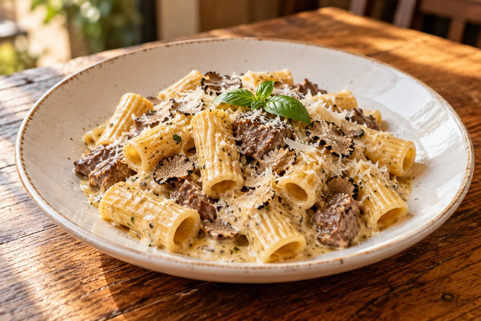 Rigatoni con carne med oksekød, trøffel og flødesauce
