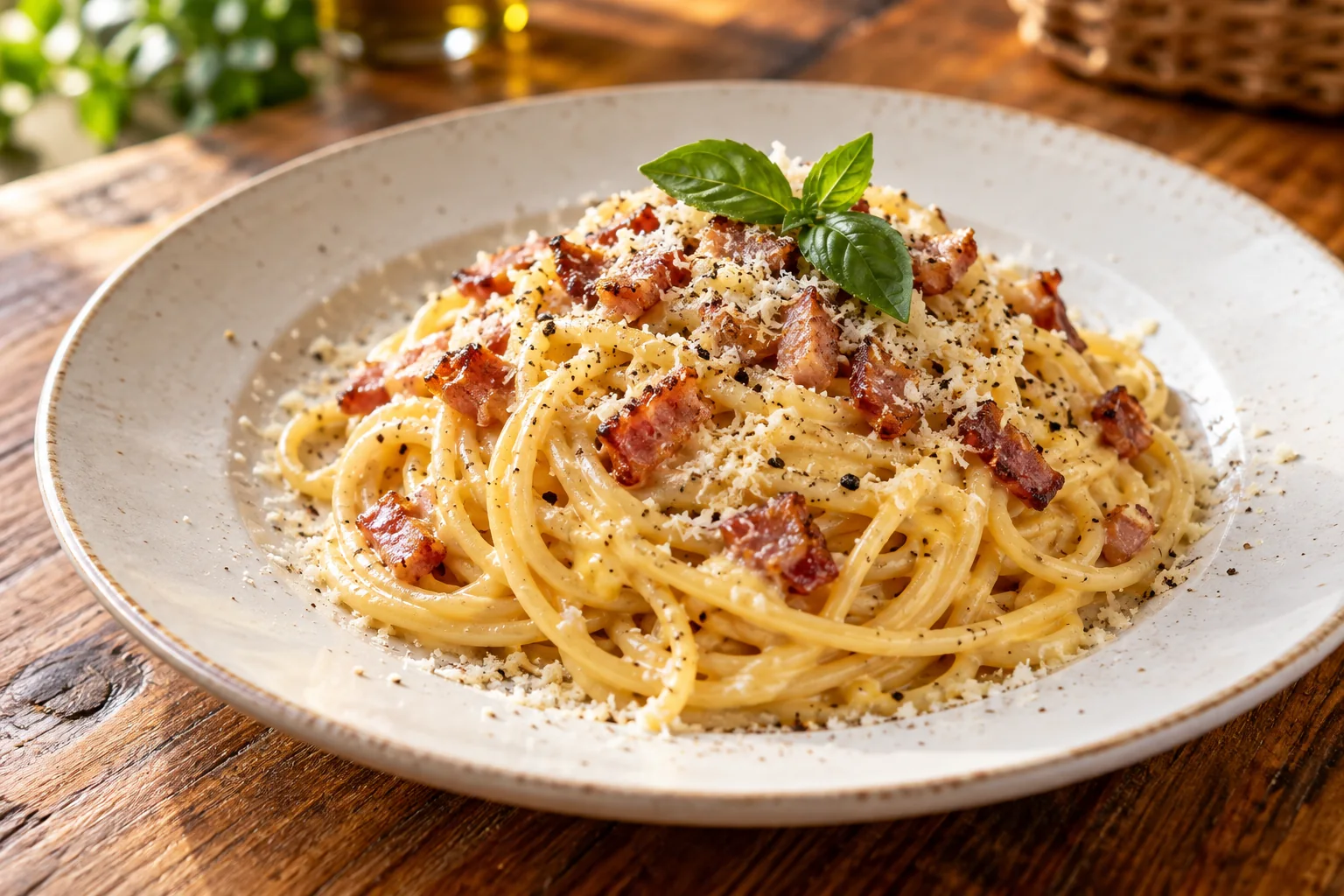 Spaghetti carbonara med æg, bacon og fløde