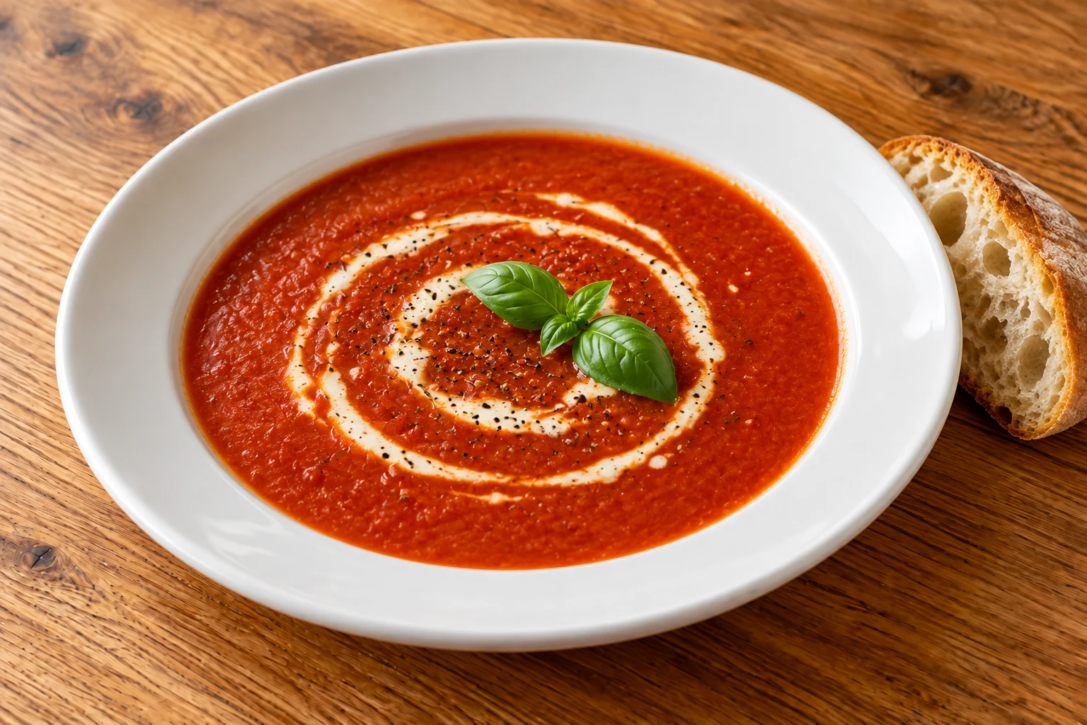 tomatsuppe med basilikum og en skive brød på hvid tallerken